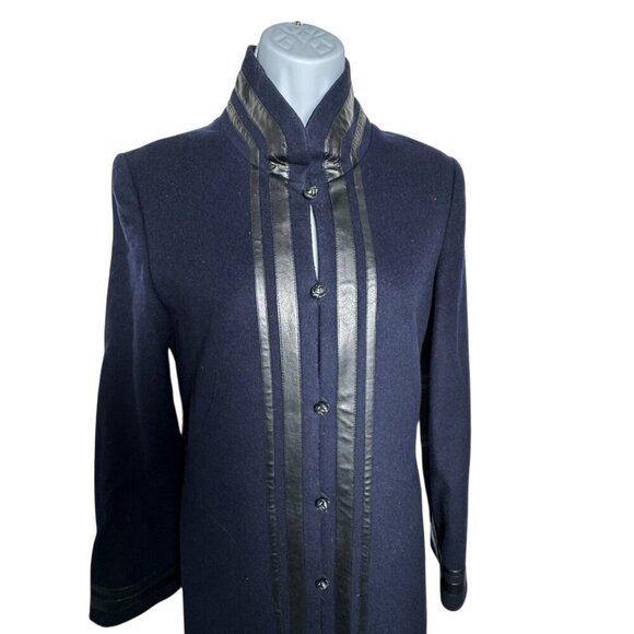 Shanghai Tang Womens Navy Blue Cashmere & Wool Coat Black leather trim Size 4 - Picture 3 of 8